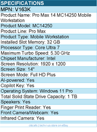 Dell V163K Pro Max MC14250 14" Mobile Workstation - Intel Core Ultra 7 265H