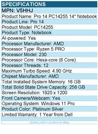 Dell V5HHJ Pro 14 PC14255 14" Notebook - Full HD Plus - 60 Hz - AMD Ryzen 5