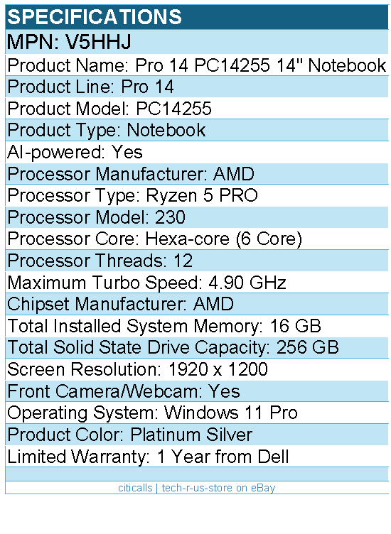 Dell V5HHJ Pro 14 PC14255 14" Notebook - Full HD Plus - 60 Hz - AMD Ryzen 5