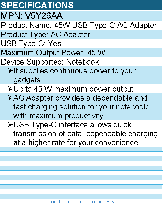 HPI V5Y26AA USB Type-C AC Adapter - Up to 45 W Maximum Power Output