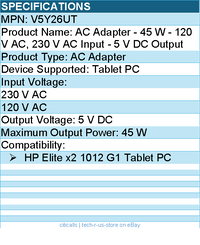 HPI V5Y26UT AC Adapter - 45 W - 120 V AC, 230 V AC Input - 5 V DC Output