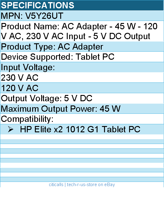 HPI V5Y26UT AC Adapter - 45 W - 120 V AC, 230 V AC Input - 5 V DC Output