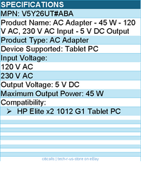 HPI V5Y26UT#ABA AC Adapter - 45 W - 120 V AC, 230 V AC Input - 5 V DC Output