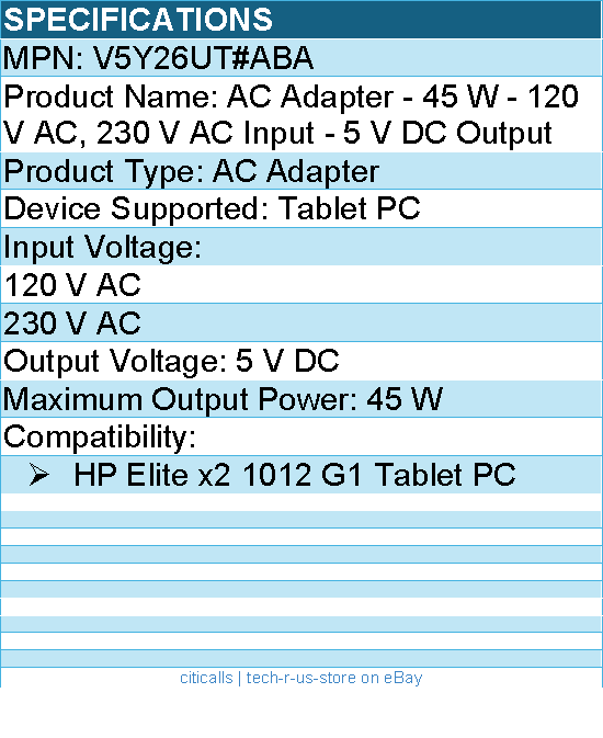 HPI V5Y26UT#ABA AC Adapter - 45 W - 120 V AC, 230 V AC Input - 5 V DC Output