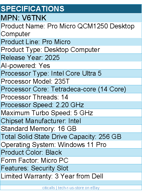 Dell V6TNK Pro Micro QCM1250 Desktop Computer - Intel Core Ultra 5