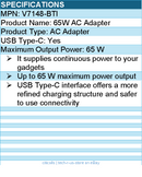 BTI V7148-BTI 65W TYPE-C AC ADAPTER - Black - Compatible OEM: V7148