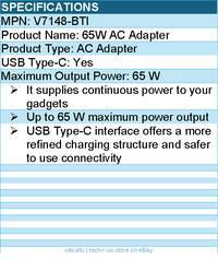 BTI V7148-BTI 65W TYPE-C AC ADAPTER - Black - Compatible OEM: V7148