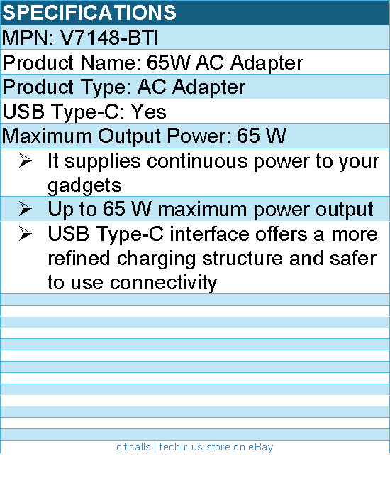 BTI V7148-BTI 65W TYPE-C AC ADAPTER - Black - Compatible OEM: V7148