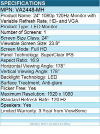 Viewsonic VA2448-MH 24 Inch Full HD 1080p IPS Monitor with 120Hz, Eye Care