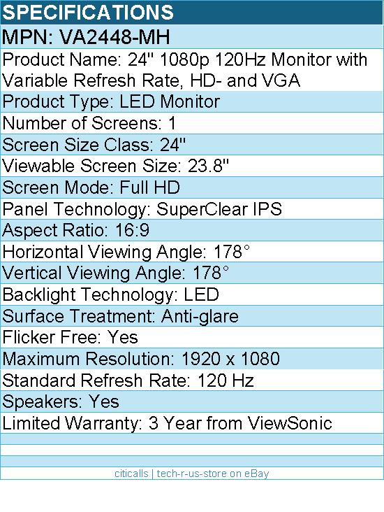 Viewsonic VA2448-MH 24 Inch Full HD 1080p IPS Monitor with 120Hz, Eye Care