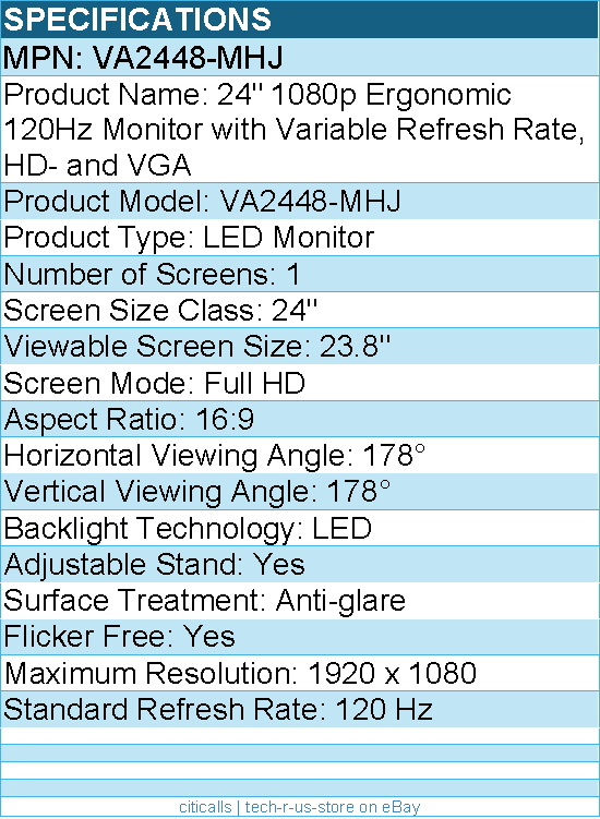 Viewsonic VA2448-MHJ 24 Inch IPS 1080p Monitor with 120Hz, Eye Care