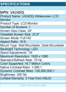 ASUS VA24DQ 24" Class Full HD LCD Monitor - 16:9 - LED Backlight