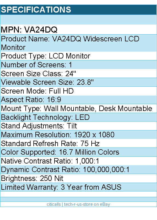 ASUS VA24DQ 24" Class Full HD LCD Monitor - 16:9 - LED Backlight