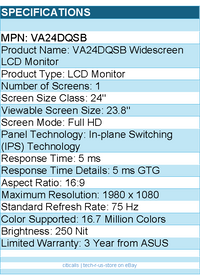 ASUS VA24DQSB 24" Class Full HD LCD Monitor - 16:9 - LED Backlight - 1980 x 1080