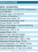 ASUS VA24ECPSN 24" Class Full HD LCD Monitor - 16:9 -LED Backlight - 1920 x 1080