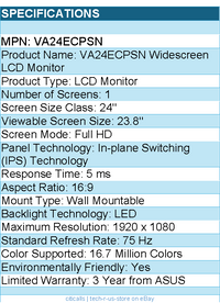 ASUS VA24ECPSN 24" Class Full HD LCD Monitor - 16:9 -LED Backlight - 1920 x 1080