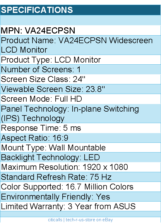 ASUS VA24ECPSN 24" Class Full HD LCD Monitor - 16:9 -LED Backlight - 1920 x 1080