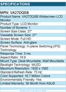 ASUS VA27DQSB 27" Class Full HD LCD Monitor - 16:9 - 1920 x 1080 - Black