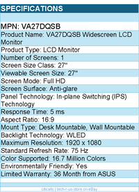 ASUS VA27DQSB 27" Class Full HD LCD Monitor - 16:9 - 1920 x 1080 - Black