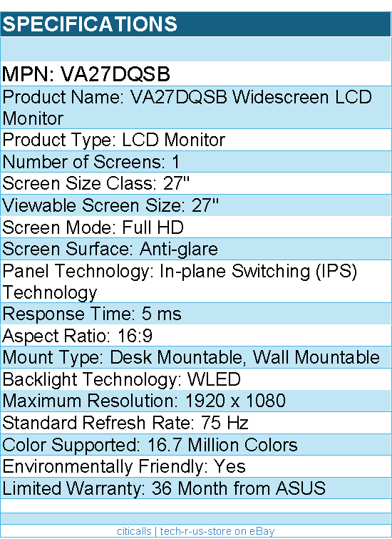 ASUS VA27DQSB 27" Class Full HD LCD Monitor - 16:9 - 1920 x 1080 - Black