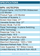 ASUS VA27ECPSN 27" Class Full HD LCD Monitor - 16:9 -LED Backlight - 1920 x 1080