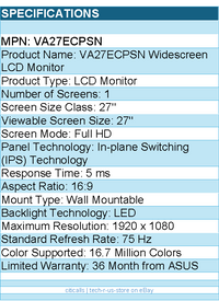 ASUS VA27ECPSN 27" Class Full HD LCD Monitor - 16:9 -LED Backlight - 1920 x 1080