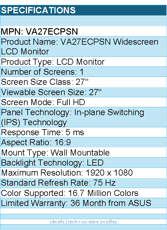 ASUS VA27ECPSN 27" Class Full HD LCD Monitor - 16:9 -LED Backlight - 1920 x 1080