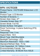 ASUS VA27EQSB 27" Class Full HD LCD Monitor - 16:9 - LED Backlight - 1920 x 1080
