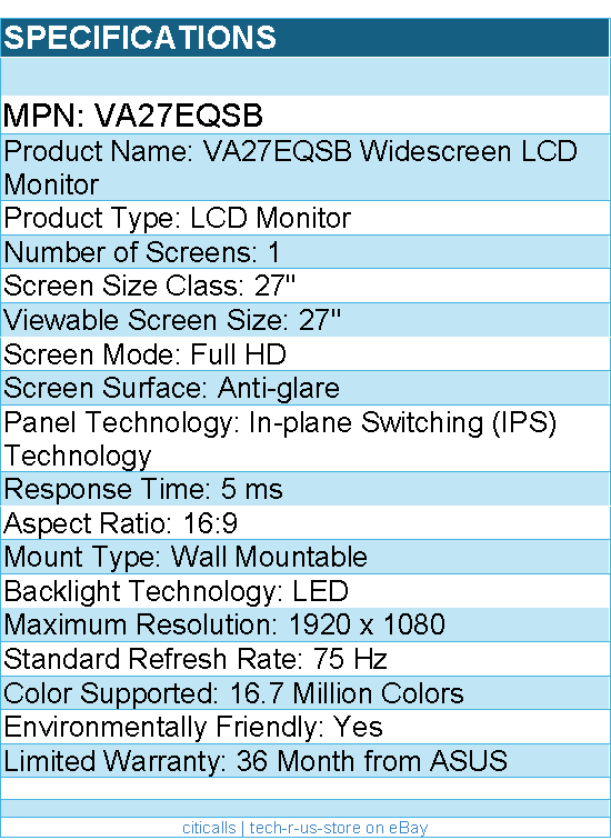 ASUS VA27EQSB 27" Class Full HD LCD Monitor - 16:9 - LED Backlight - 1920 x 1080
