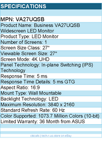 ASUS VA27UQSB Business 27" Class 4K UHD LED Monitor - 16:9 - 3840 x 2160