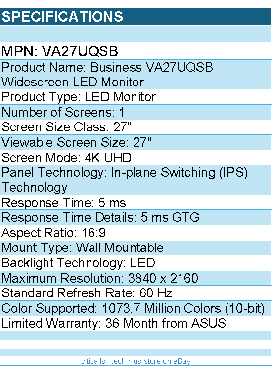 ASUS VA27UQSB Business 27" Class 4K UHD LED Monitor - 16:9 - 3840 x 2160