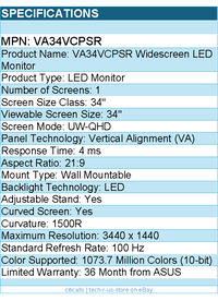 ASUS VA34VCPSR 34" Class UW-QHD Curved Screen LED Monitor - 21:9 - Black