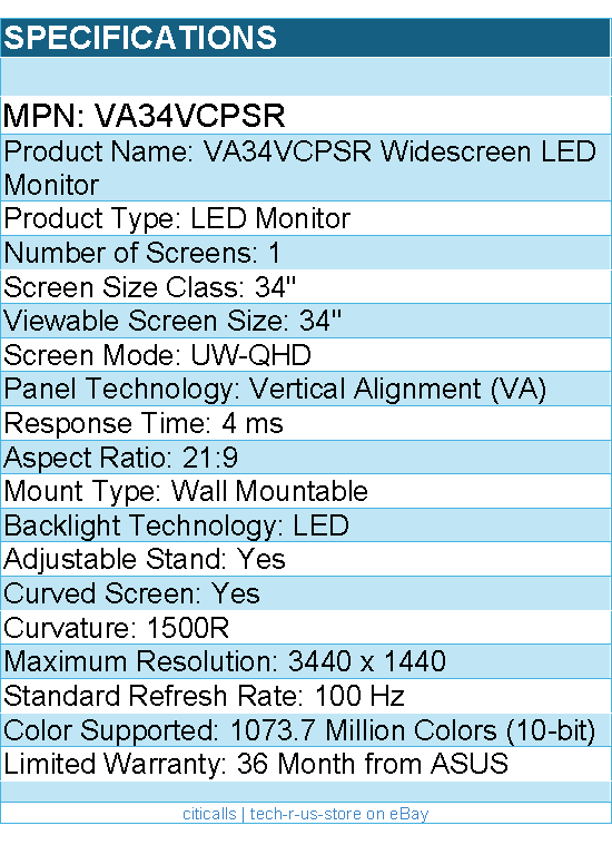 ASUS VA34VCPSR 34" Class UW-QHD Curved Screen LED Monitor - 21:9 - Black