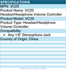 Koss VC20 Headset/Headphone Volume Controller - For Any 1/8" Stereophone Jack