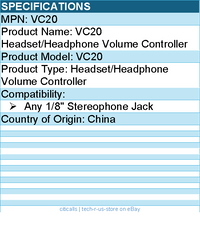 Koss VC20 Headset/Headphone Volume Controller - For Any 1/8" Stereophone Jack