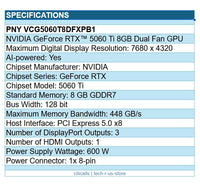 PNY VCG5060T8DFXPB1 RTX GeForce 5060 Ti 8GB GDDR7 GPU 7680x4320 3x DP Dual Slot