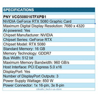PNY VCG508016TFXPB1 NVidia RTX GeForce 5080 16GB GPU 7680x4320 Full Hght 3x DP