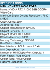 PNY VCNRTXA1000ATX-PB Video Card - NVIDIA RTX A1000 8GB GDDR6 Retail