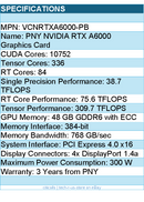PNY VCNRTXA6000-PB Graphics Card - NVIDIA RTX A6000 - 48GB GDDR6