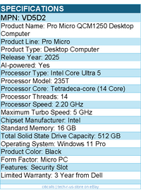 Dell VD5D2 Pro Micro QCM1250 Desktop Computer - Intel Core Ultra 5 - Micro PC