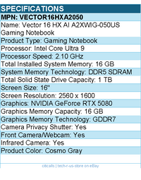 MSI VECTOR16HXA2050 Vector 16 HX AI A2XWIG-050US 16" Gaming Notebook