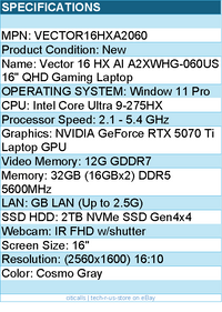 MSI VECTOR16HXA2060 Vector 16 HX AI A2XWHG-060US 16" QHD Gaming Laptop