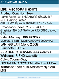 MSI VECTORA18HX076 Vector A18 HX A9WIG-076US 18" QHD Gaming Laptop