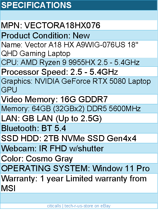 MSI VECTORA18HX076 Vector A18 HX A9WIG-076US 18" QHD Gaming Laptop
