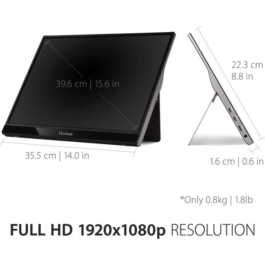 ViewSonic VG1655 15.6 Inch 1080p Portable Monitor with 2 Way Powered 60W USB C