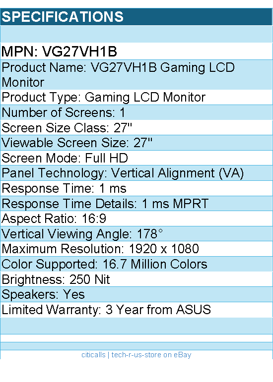 ASUS VG27VH1B 27" Class Full HD Curved Screen Gaming LCD Monitor - 16:9 - Black