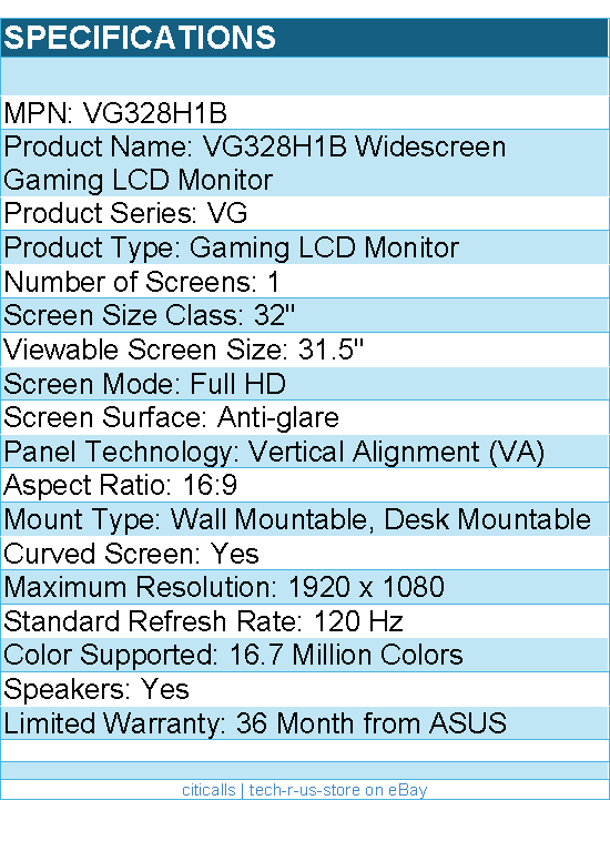 ASUS VG328H1B TUF 32" Class Full HD Curved Screen Gaming LCD Monitor - 16:9