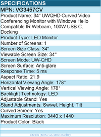 ViewSonic VG3457CV 34" Ultrawide 1440p Curved Video Conferencing Docking Monitor