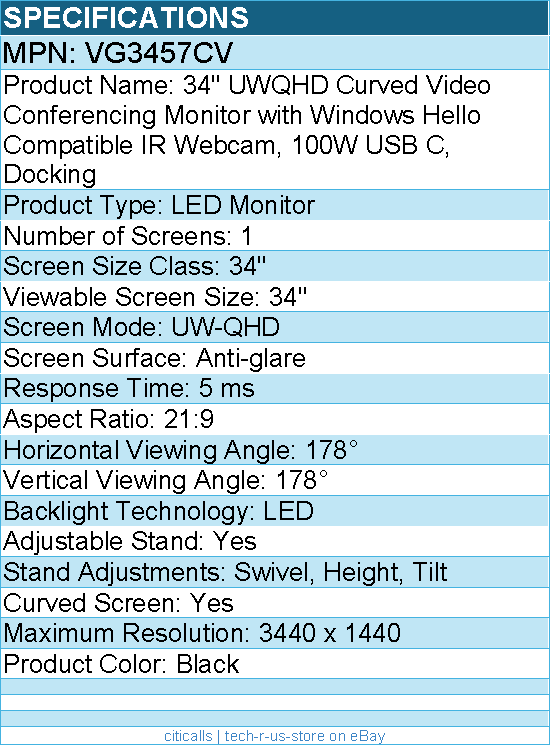 ViewSonic VG3457CV 34" Ultrawide 1440p Curved Video Conferencing Docking Monitor