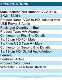 StarTech VGA2HDU VGA to Video Adapter w USB Power & Audio 1080p RTL